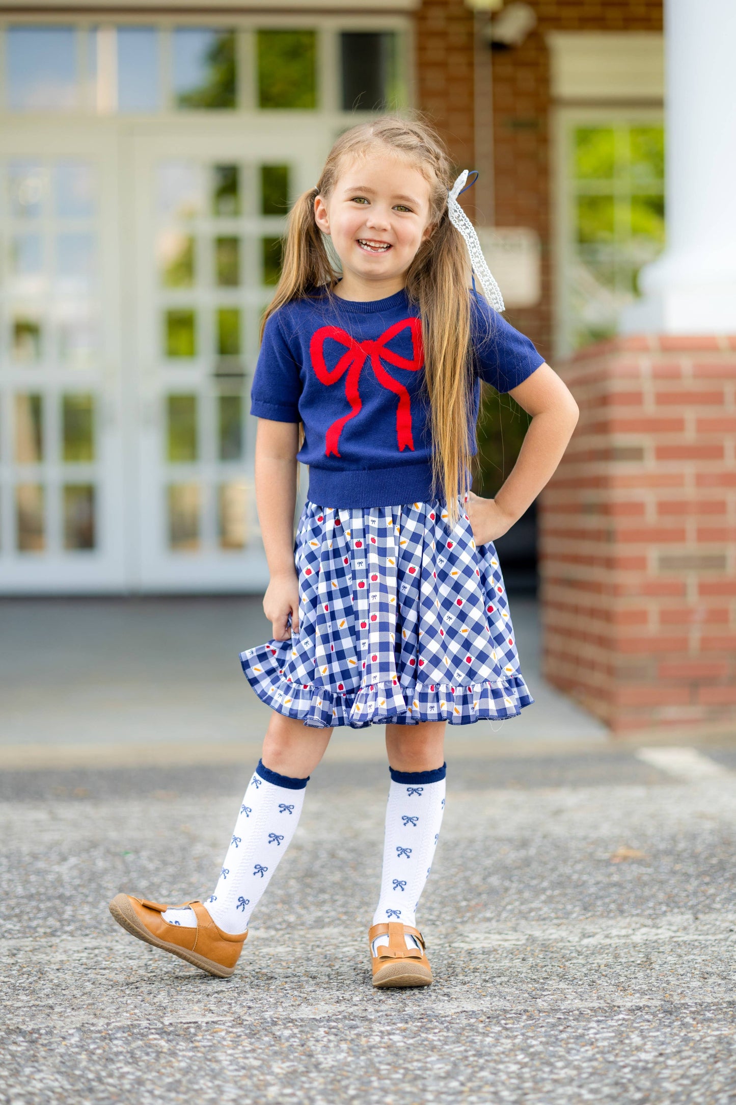 Navy Bow Scalloped Knee Socks