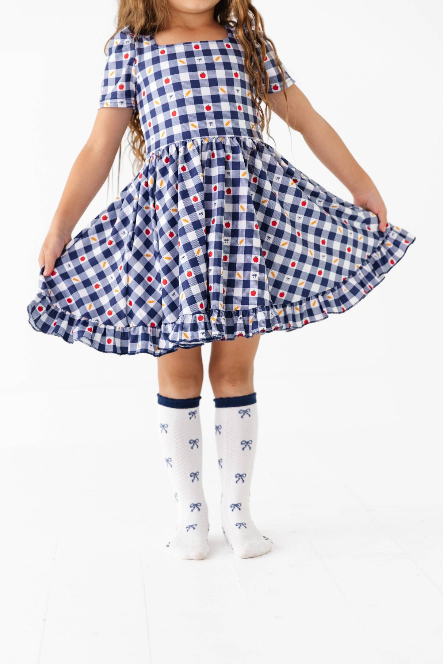 Navy Bow Scalloped Knee Socks
