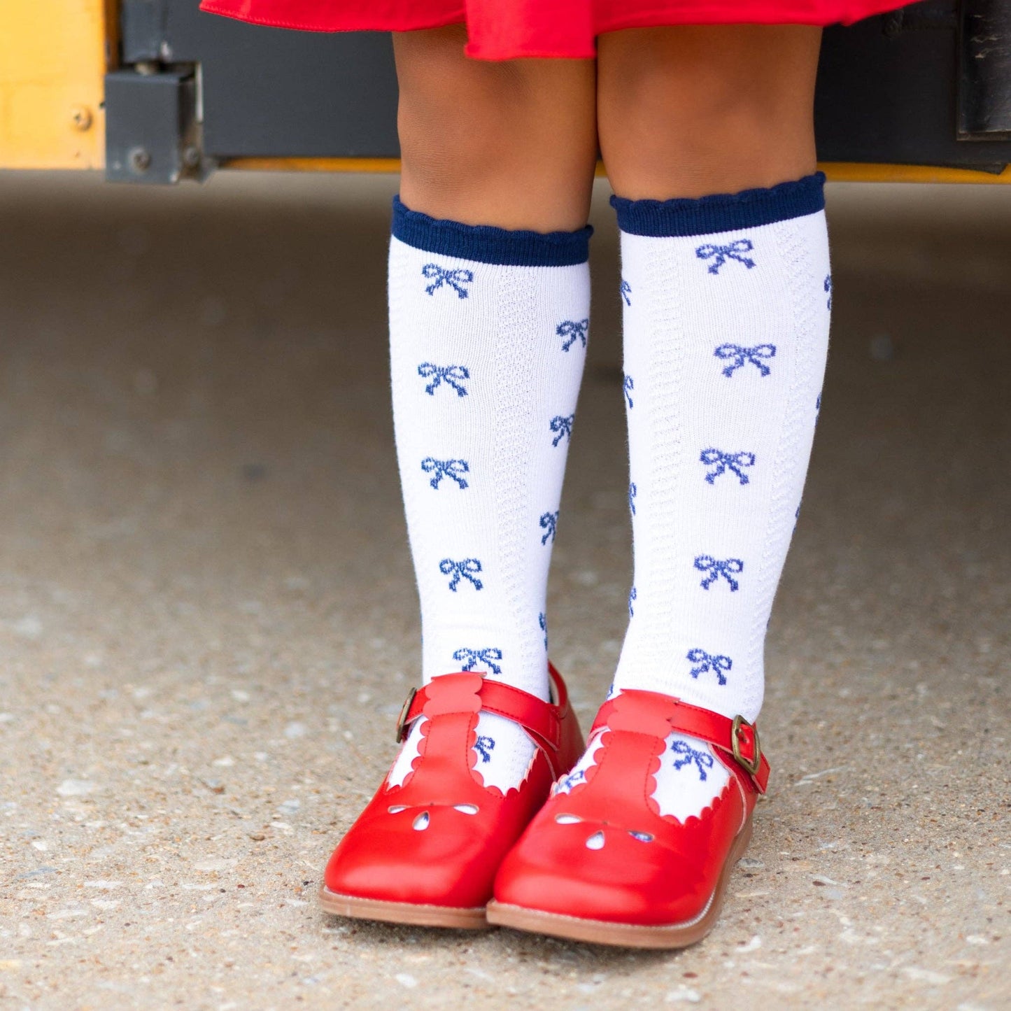 Navy Bow Scalloped Knee Socks