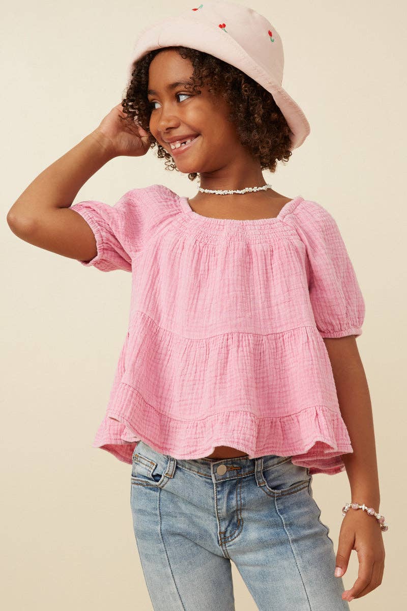Girls Washed Smock Detail Puff Sleeve Gauze Top