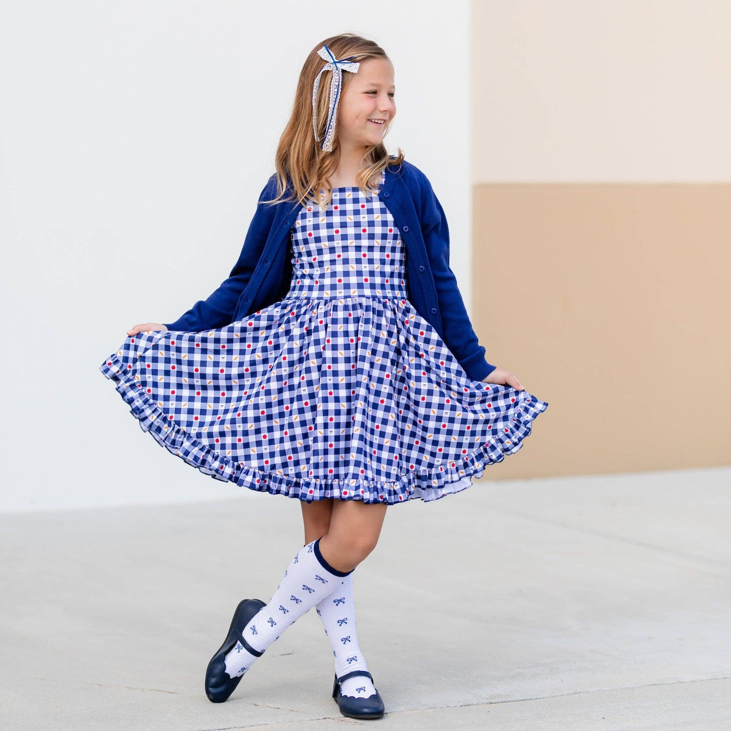 Navy Bow Scalloped Knee Socks