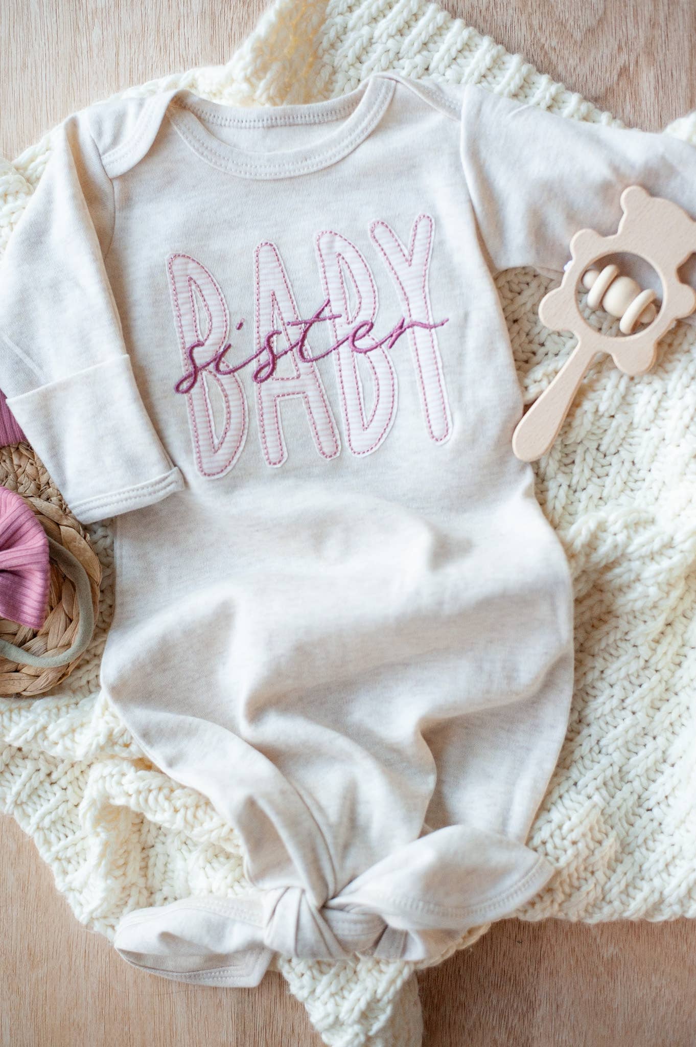 Baby Girl Outfit | Oatmeal Knot Gown Pink Baby Sister NB
