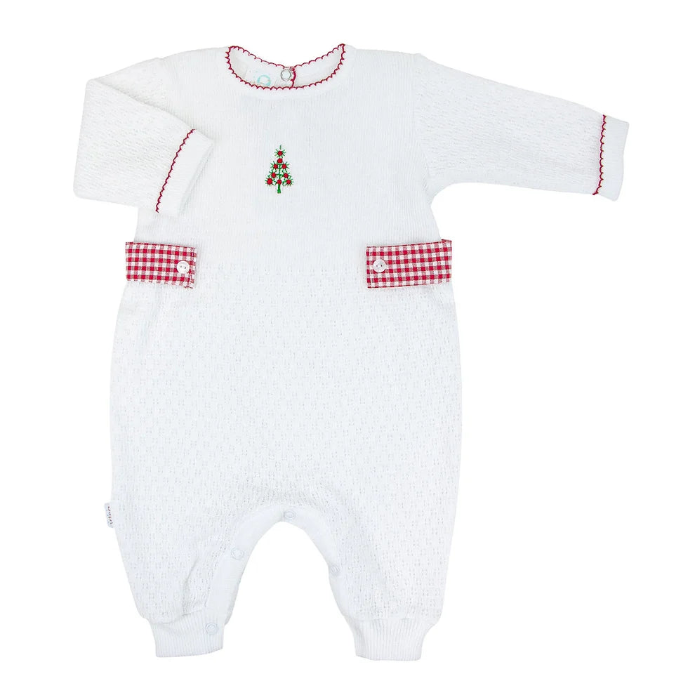 PatyKnit™ Embroidered Swiss Christmas Tree Romper with Side Tabs