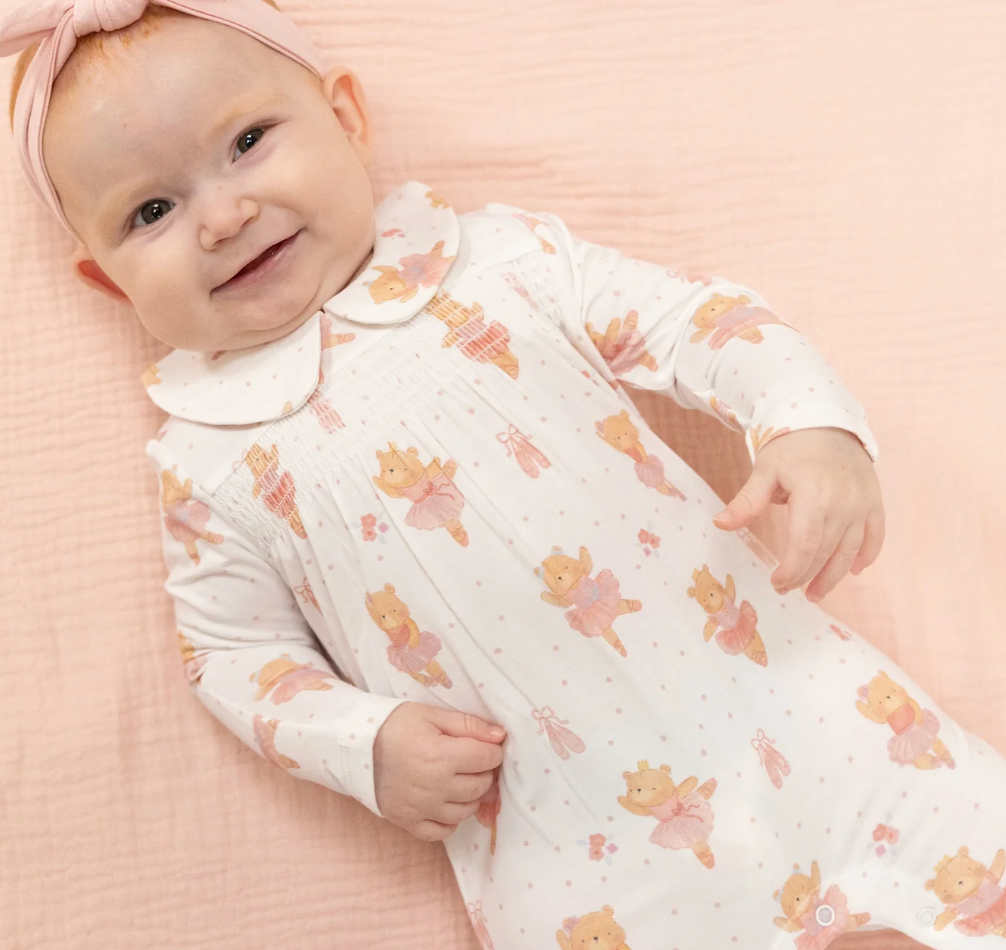 Teddy Bear Ballerina - Smocked Peter Pan Snap Footie