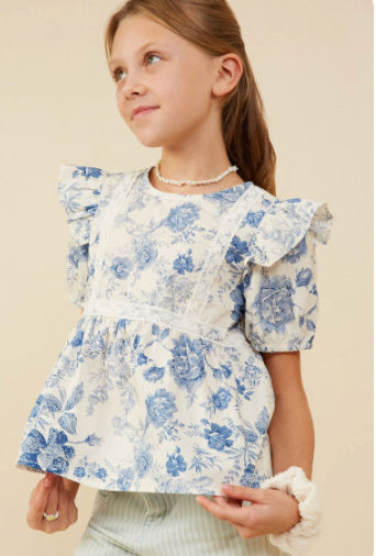 Girls Antique Floral Lace Trimmed Ruffle Top