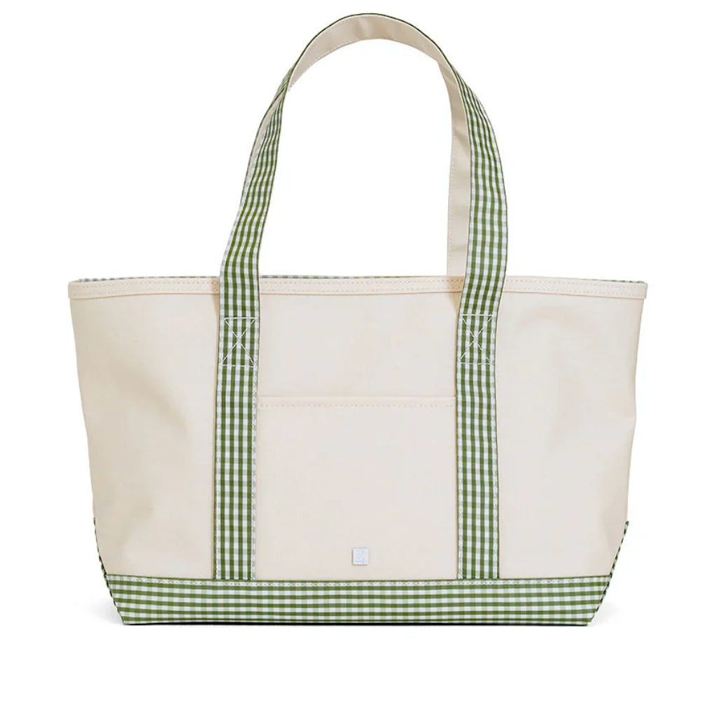 MAXI TOTE - COATED CANVAS Large NATURAL With GINGHAM MOSS TRIM