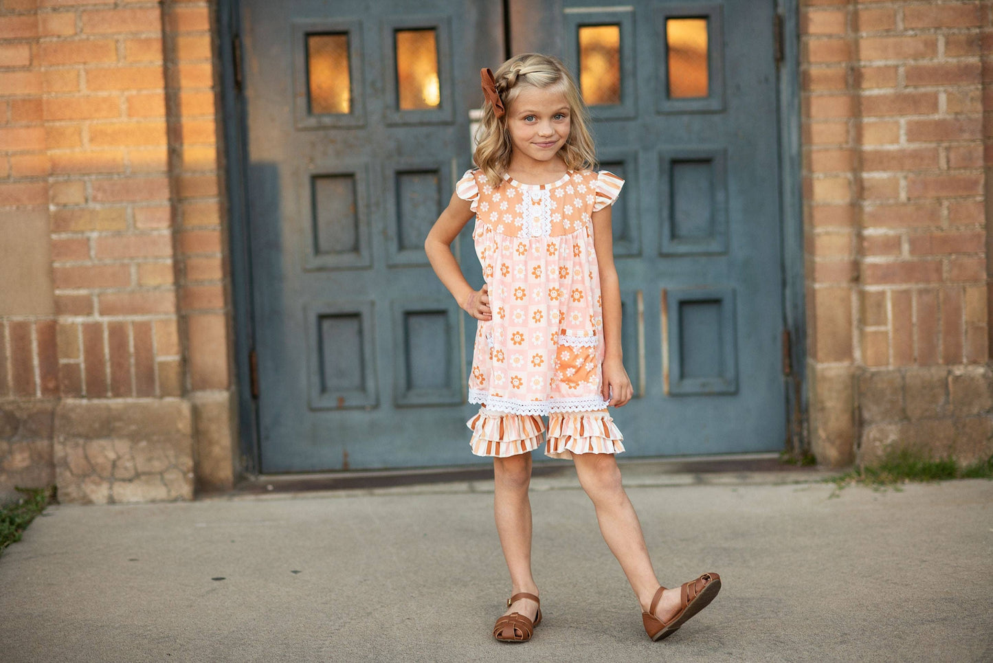 Kids Retro Smiley Daisy Ruffle Lace Pocket Spring Short Set