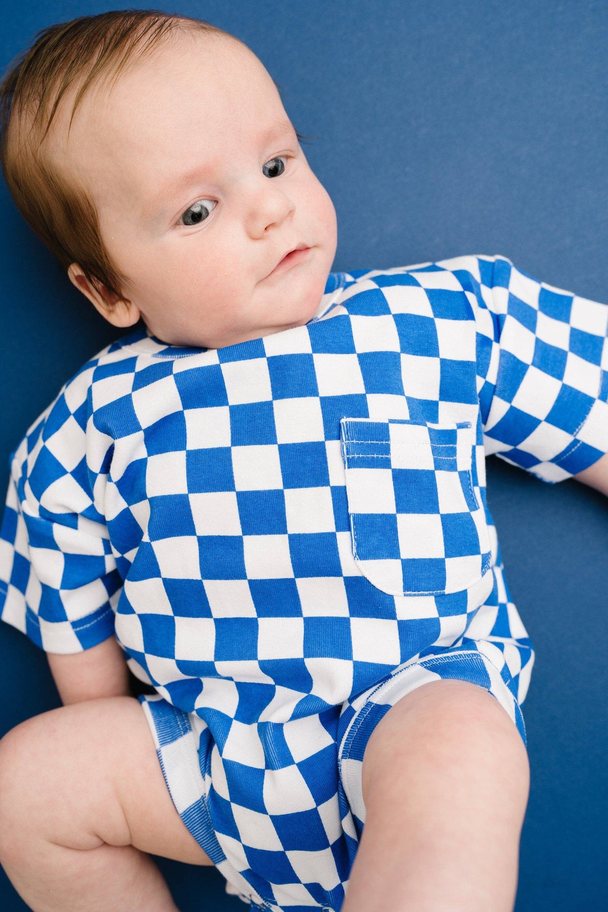 Blue Checkered Pocket Romper