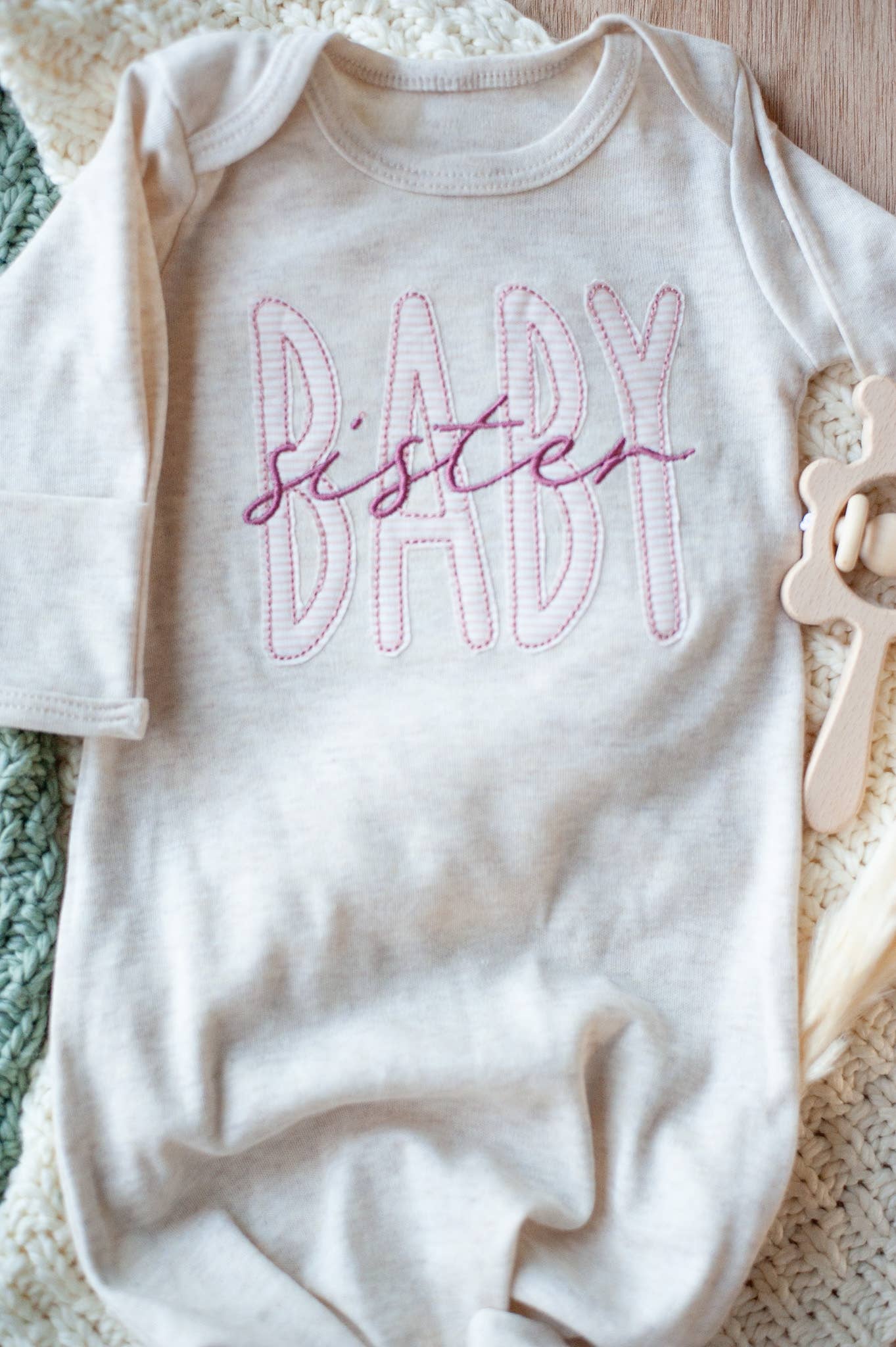 Baby Girl Outfit | Oatmeal Knot Gown Pink Baby Sister NB