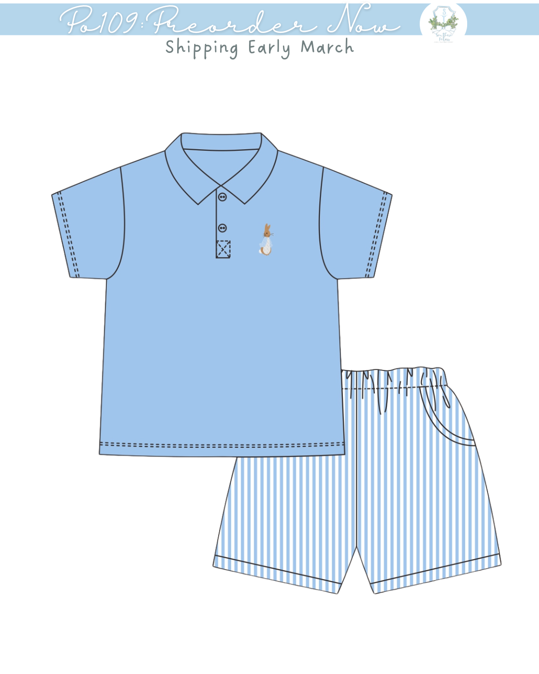 PO109: Seersucker Bunny Polo Short Set Preorder