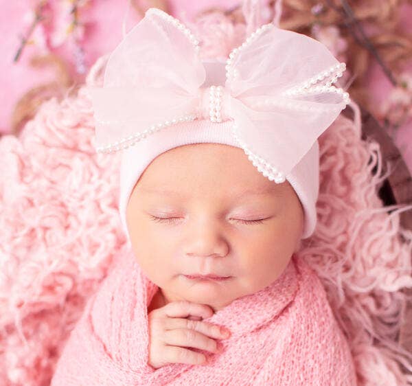 White, Pink & Black Chiffon Pearl Bow Newborn Girl Hospital
