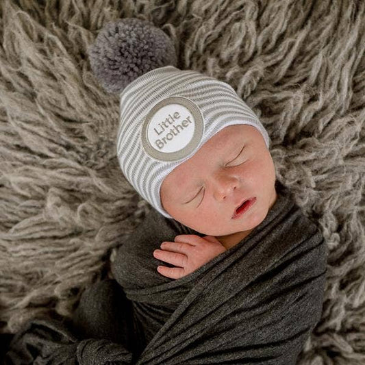 White Gray Stripe Little Brother Pom Newborn Hospital Hat