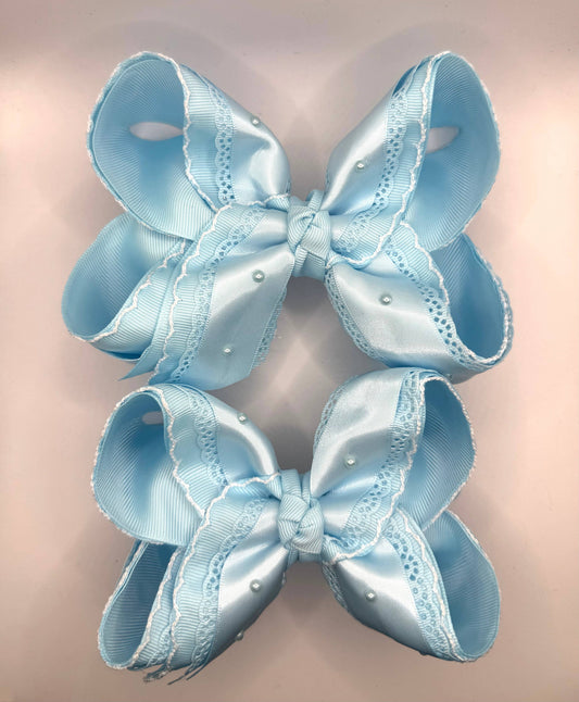 Blue Satin Lace Pearl Bow