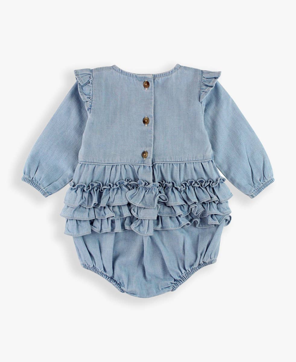 Baby Girls Light Wash Long Sleeve Flutter Bubble Romper