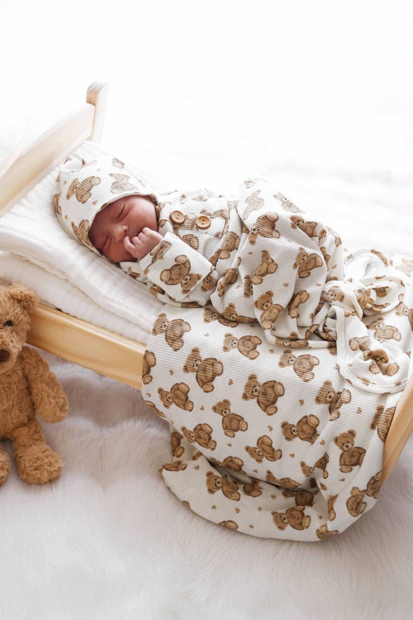 Beary Sweet Bamboo Waffle Newborn Baby Knot Gown