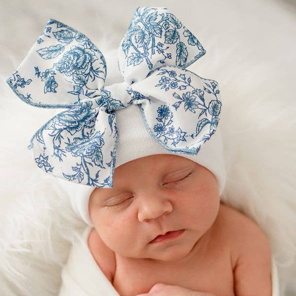 Ilybean Blue or Pink Toile Floral Bow White Hospital Hat