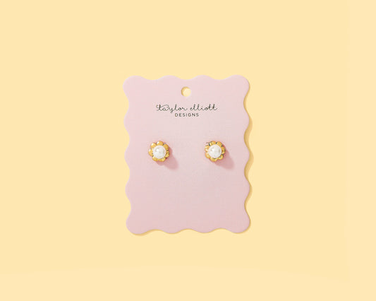 Stud Earrings - 14K Gold-Plated Flowers w/ Pearls - Hampton