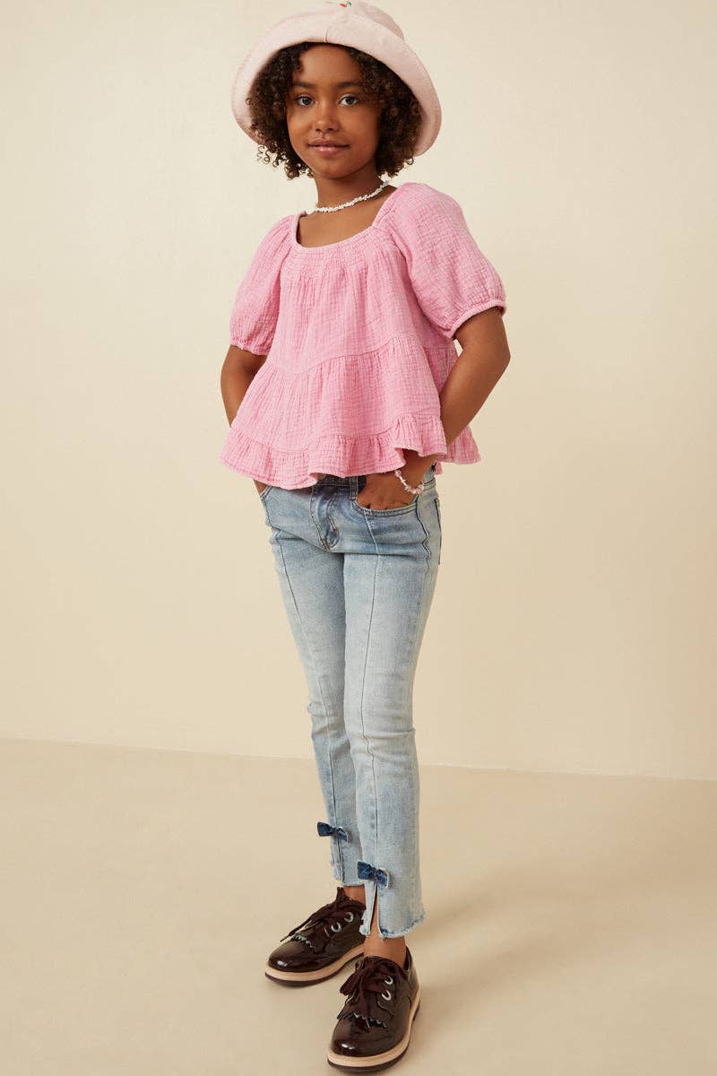 Girls Washed Smock Detail Puff Sleeve Gauze Top
