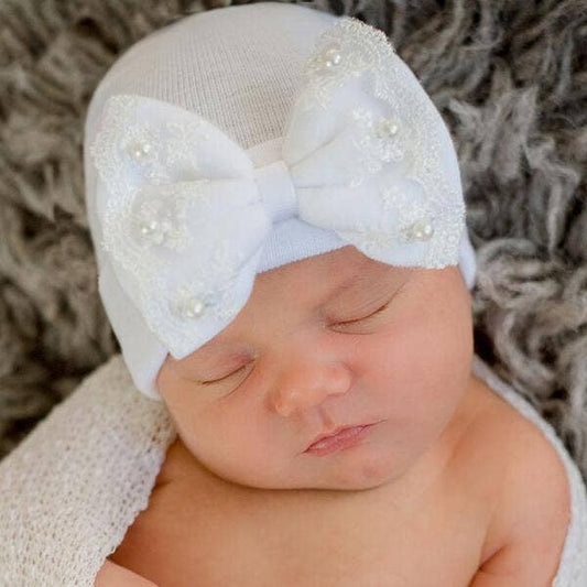 Ilybean Newborn Hospital Bow Hat White Pearl Lace Trim