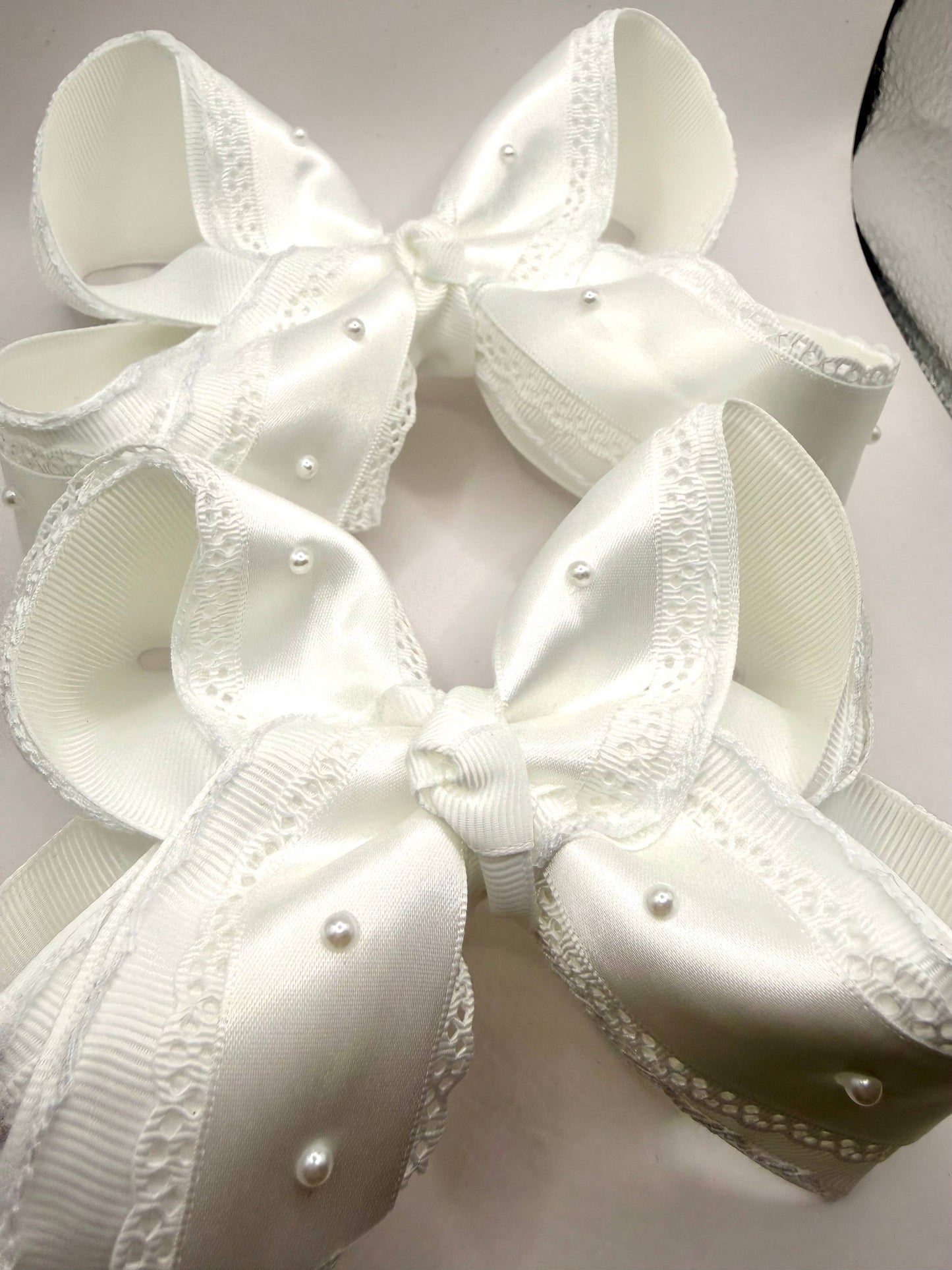 White Satin Lace Pearl Bow