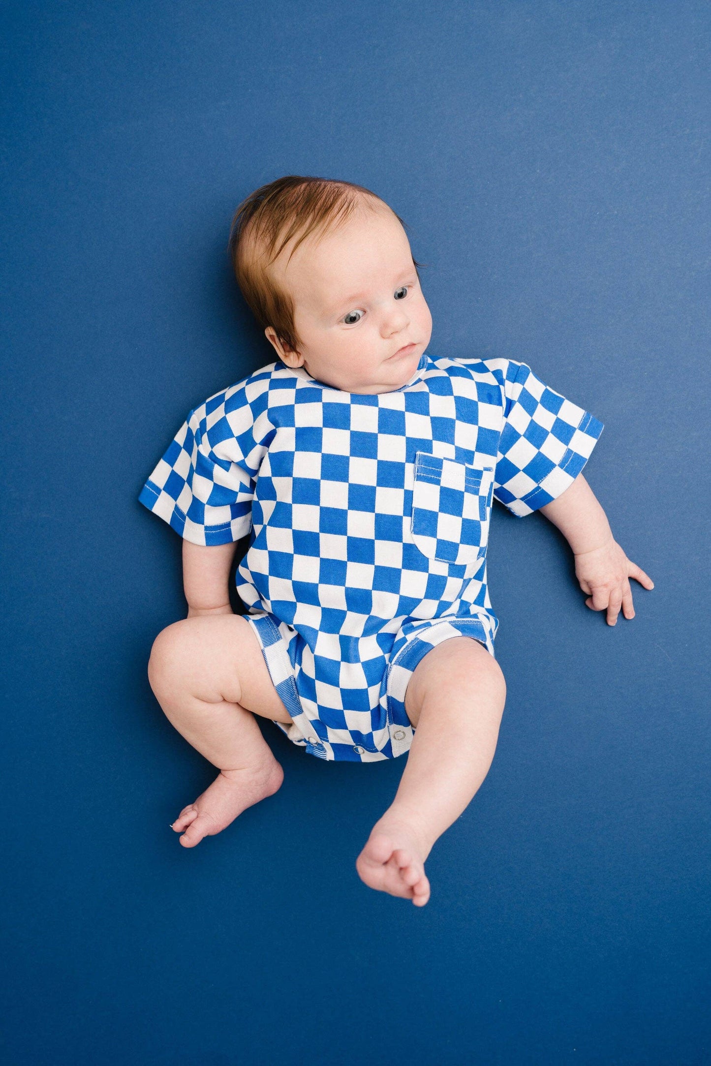 Blue Checkered Pocket Romper