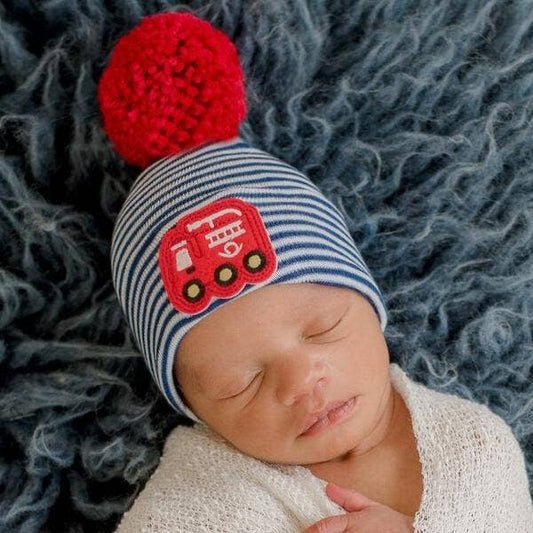 Navy/White Striped Hat with Firetruck Felt Patch/Navy Pom