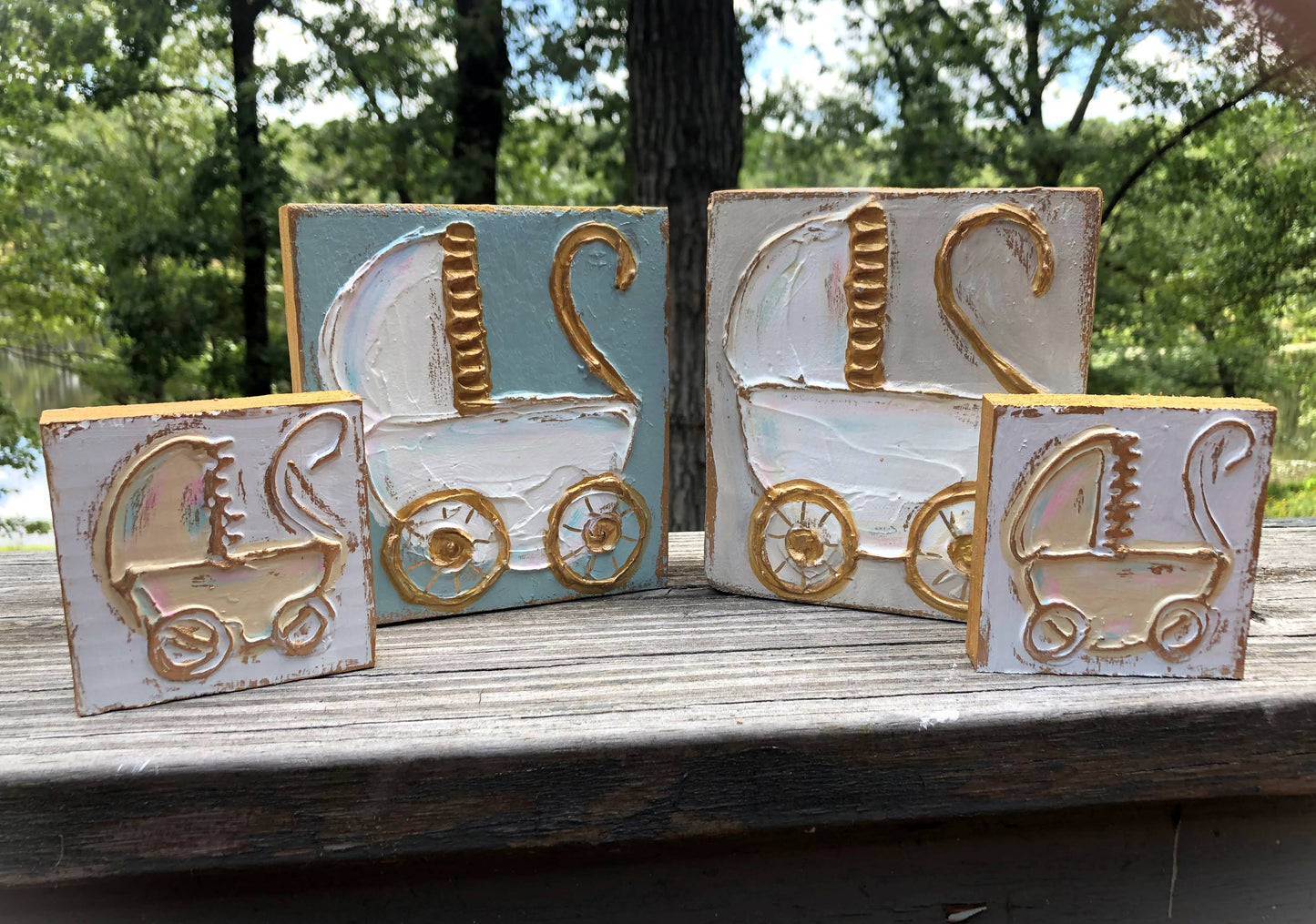 Baby Carriage handmade textured wood block