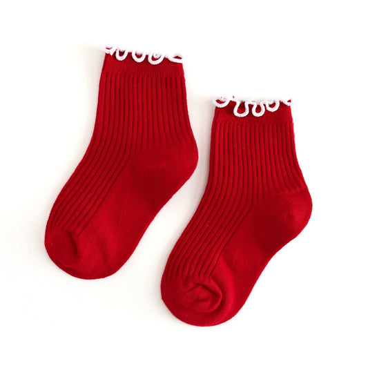 Ribbed Lettuce Trim Midi Socks - Red/White