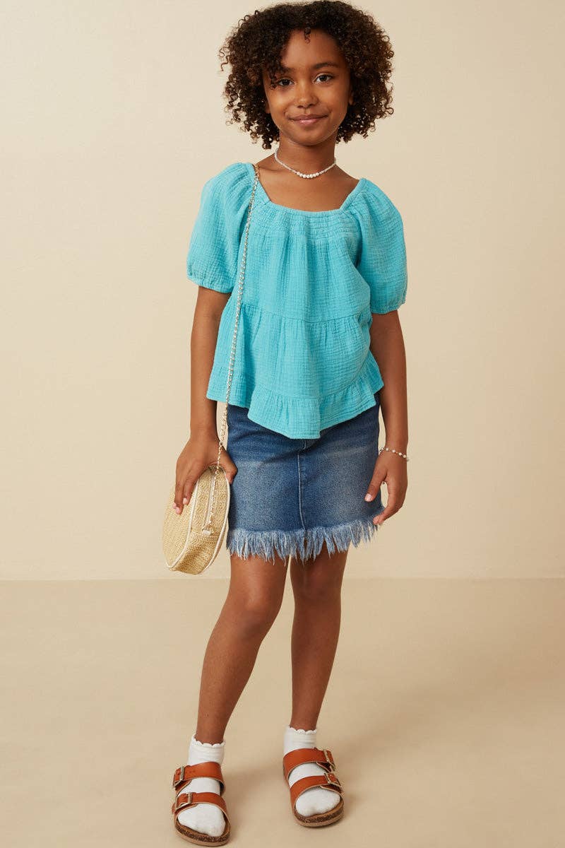 Girls Washed Smock Detail Puff Sleeve Gauze Top