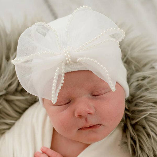 White, Pink & Black Chiffon Pearl Bow Newborn Girl Hospital