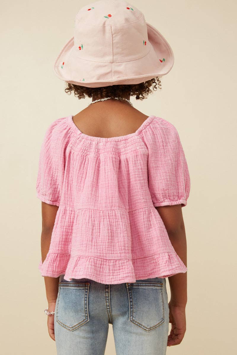Girls Washed Smock Detail Puff Sleeve Gauze Top