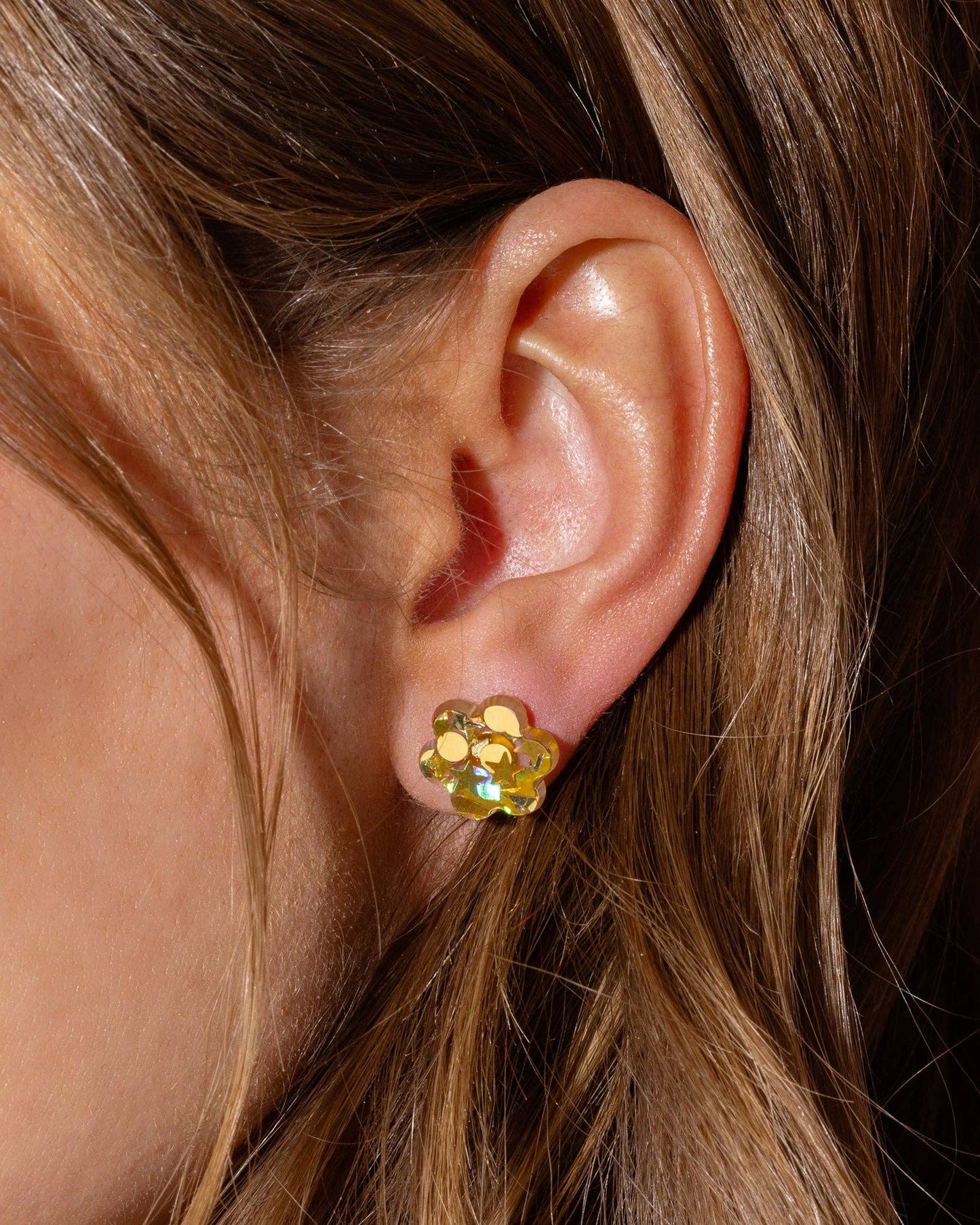 *ON SALE* Stud Earrings - Acrylic Flowers - Gold Confetti