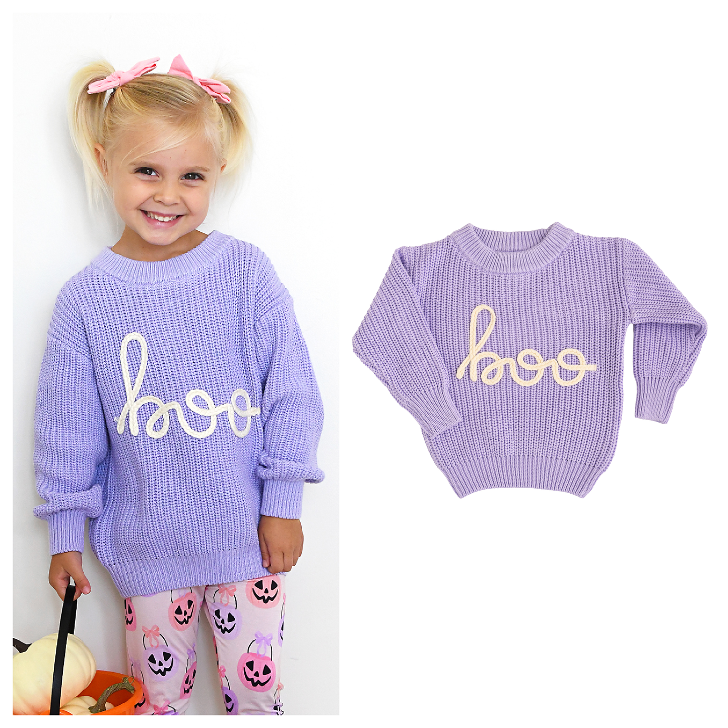 Boo Purple SWEATER Solid Knit Halloween Toddler Kids Top