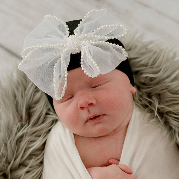White, Pink & Black Chiffon Pearl Bow Newborn Girl Hospital