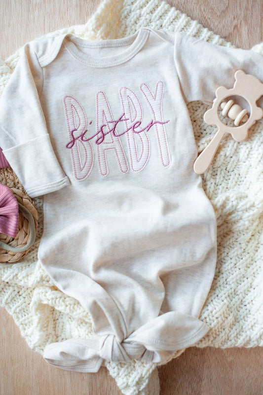 Baby Girl Outfit | Oatmeal Knot Gown Pink Baby Sister NB