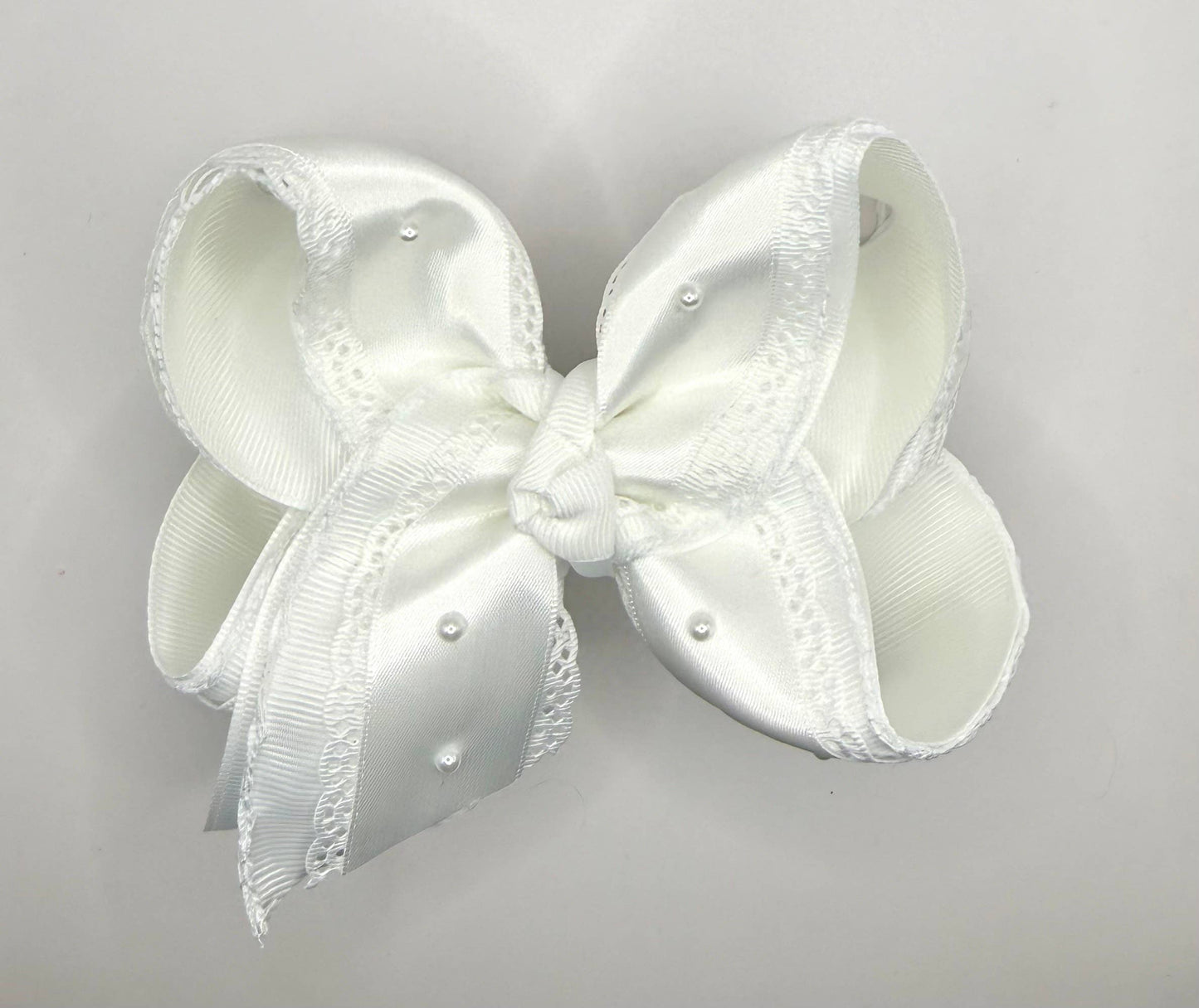 White Satin Lace Pearl Bow