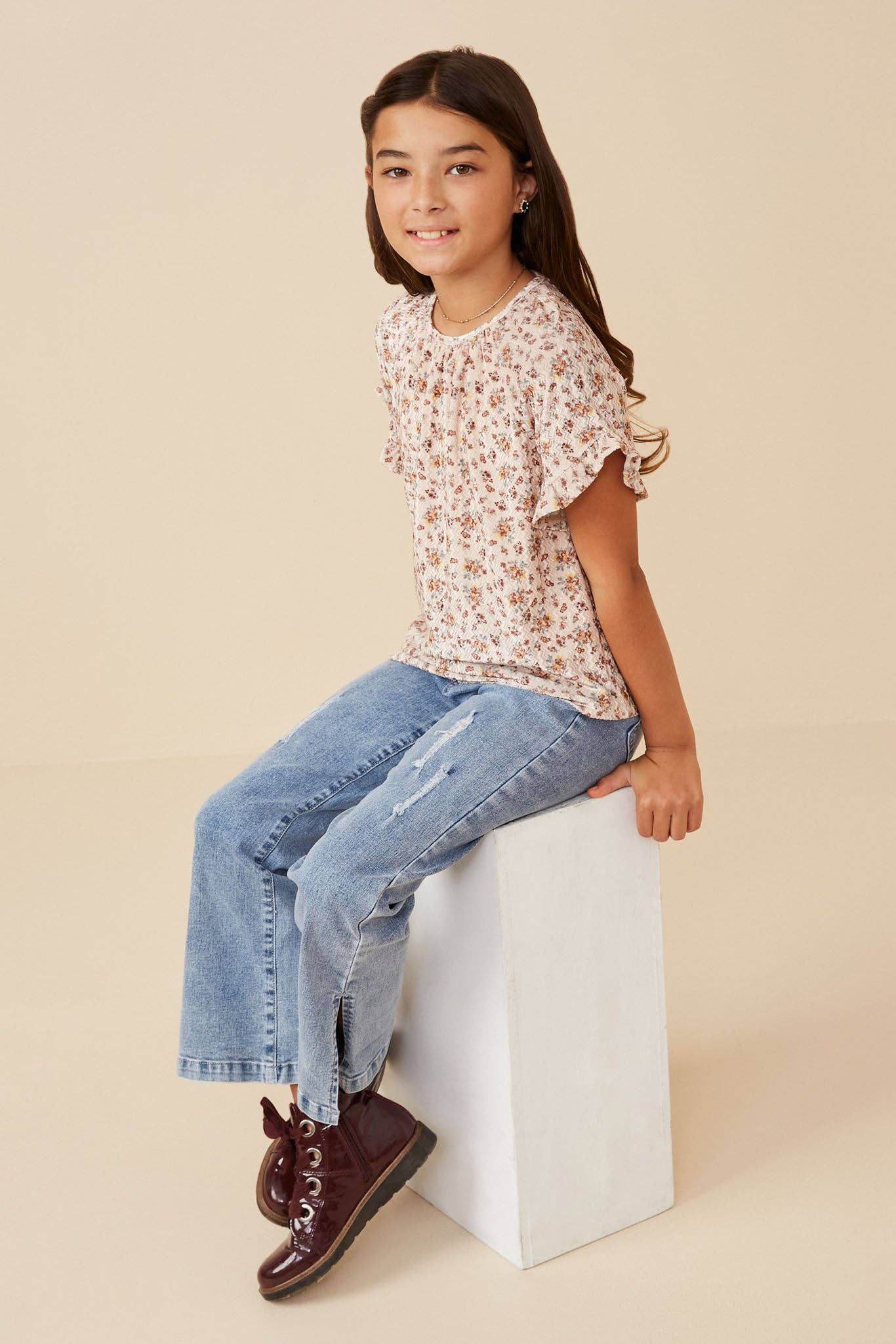 Girls Floral Print Velvet Top