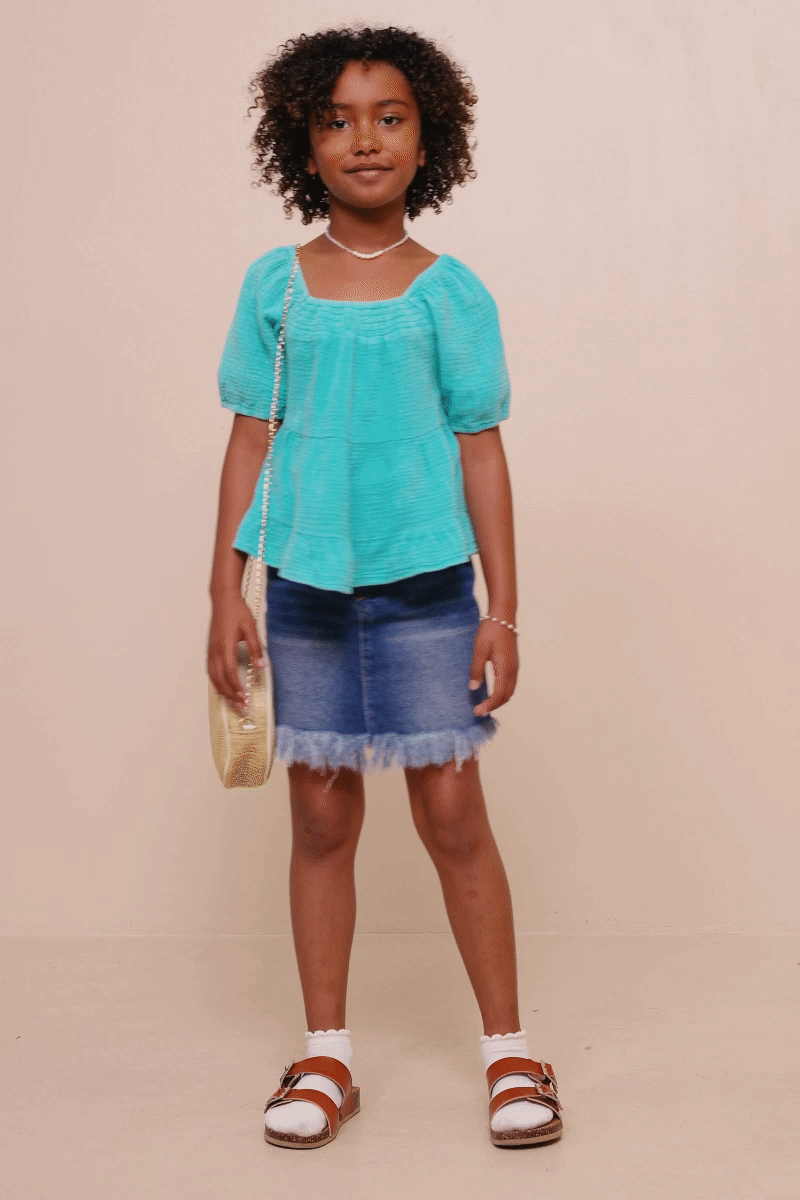 Girls Washed Smock Detail Puff Sleeve Gauze Top