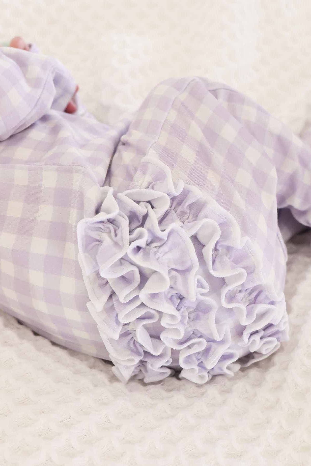 Peter Pan Collar Ruffle Zipper Footie | Lilac Gingham