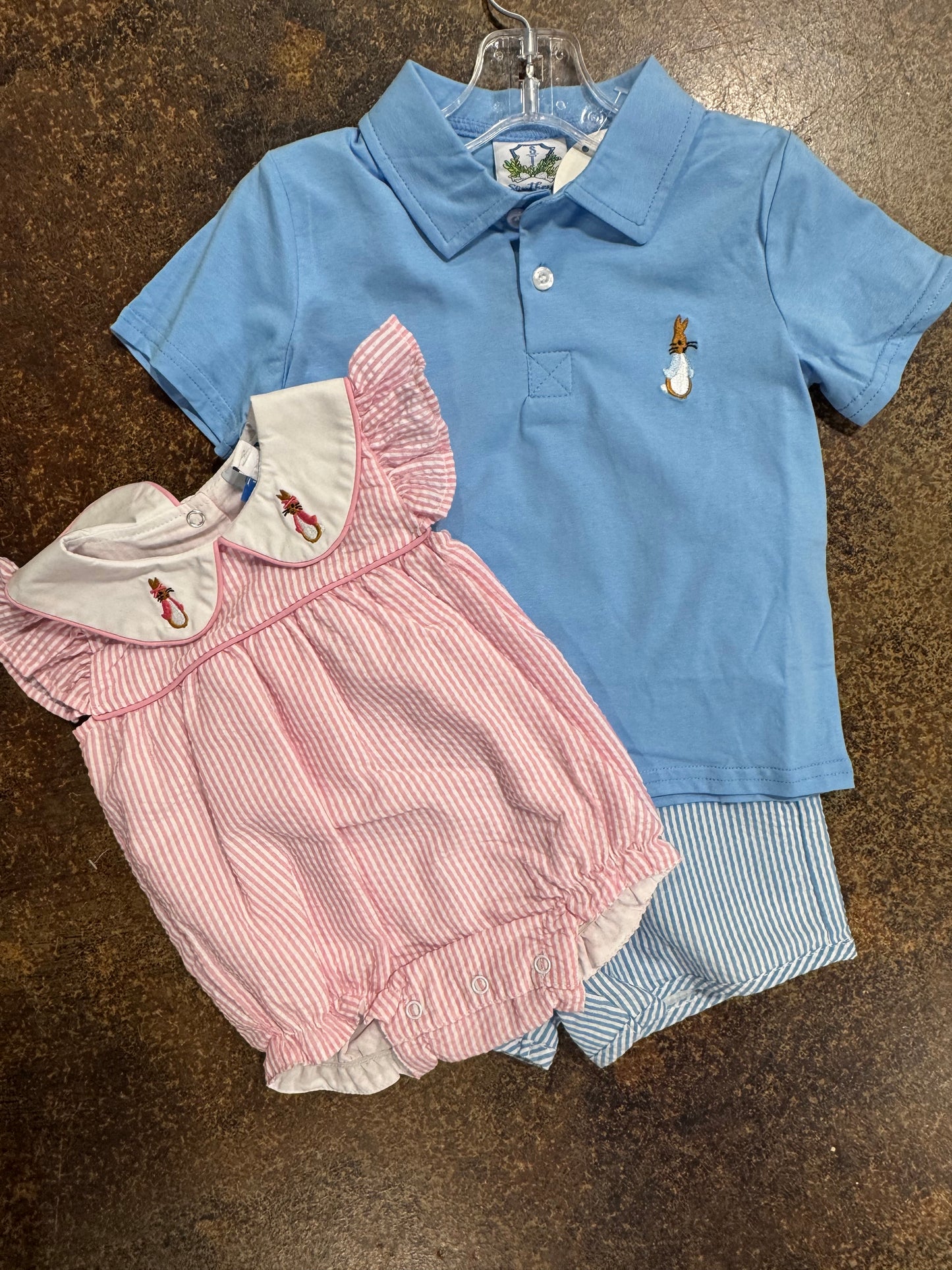 PO109: Seersucker Bunny Polo Short Set