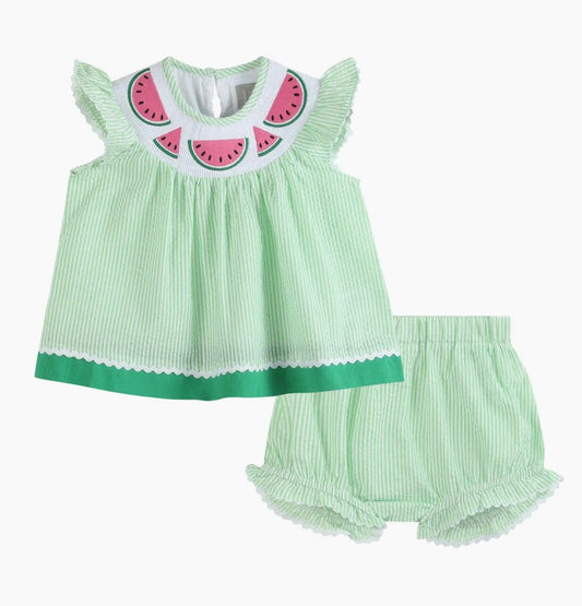 Green & White Stripe Watermelon Smocked Angel-Sleeve Dress & Bloomers