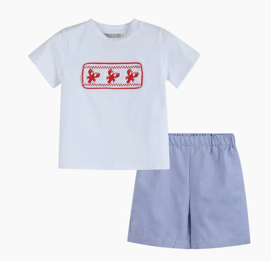 White Crawfish Smocked Tee and Denim Look Shorts Set