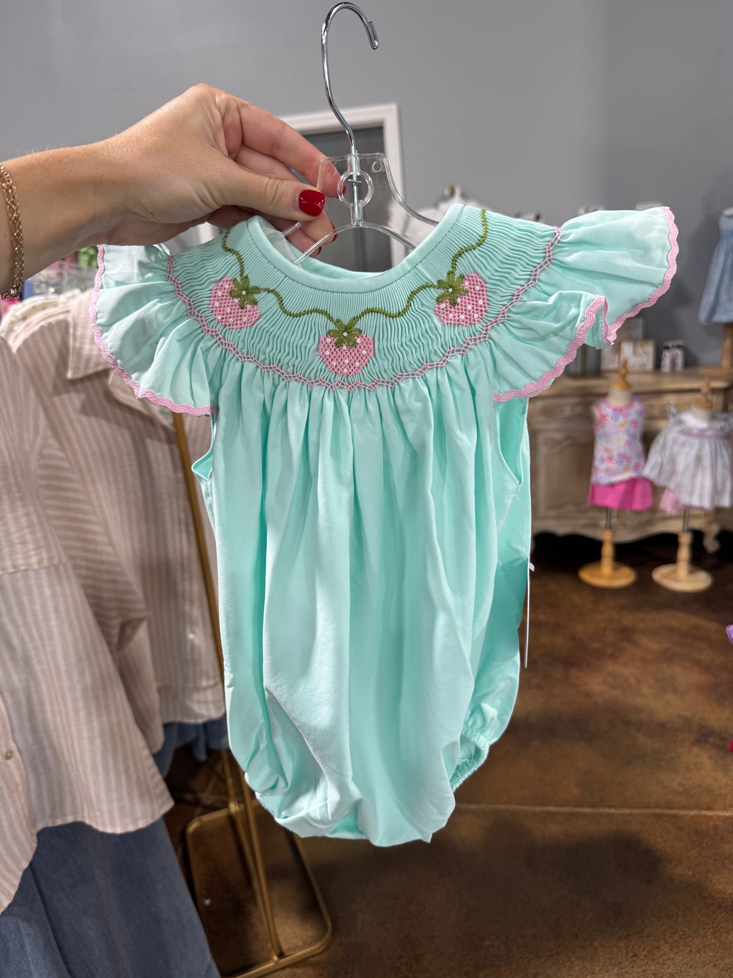 Strawberry Mint Hand Smocked Bubble/Dress