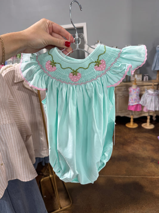 Strawberry Mint Hand Smocked Bubble/Dress