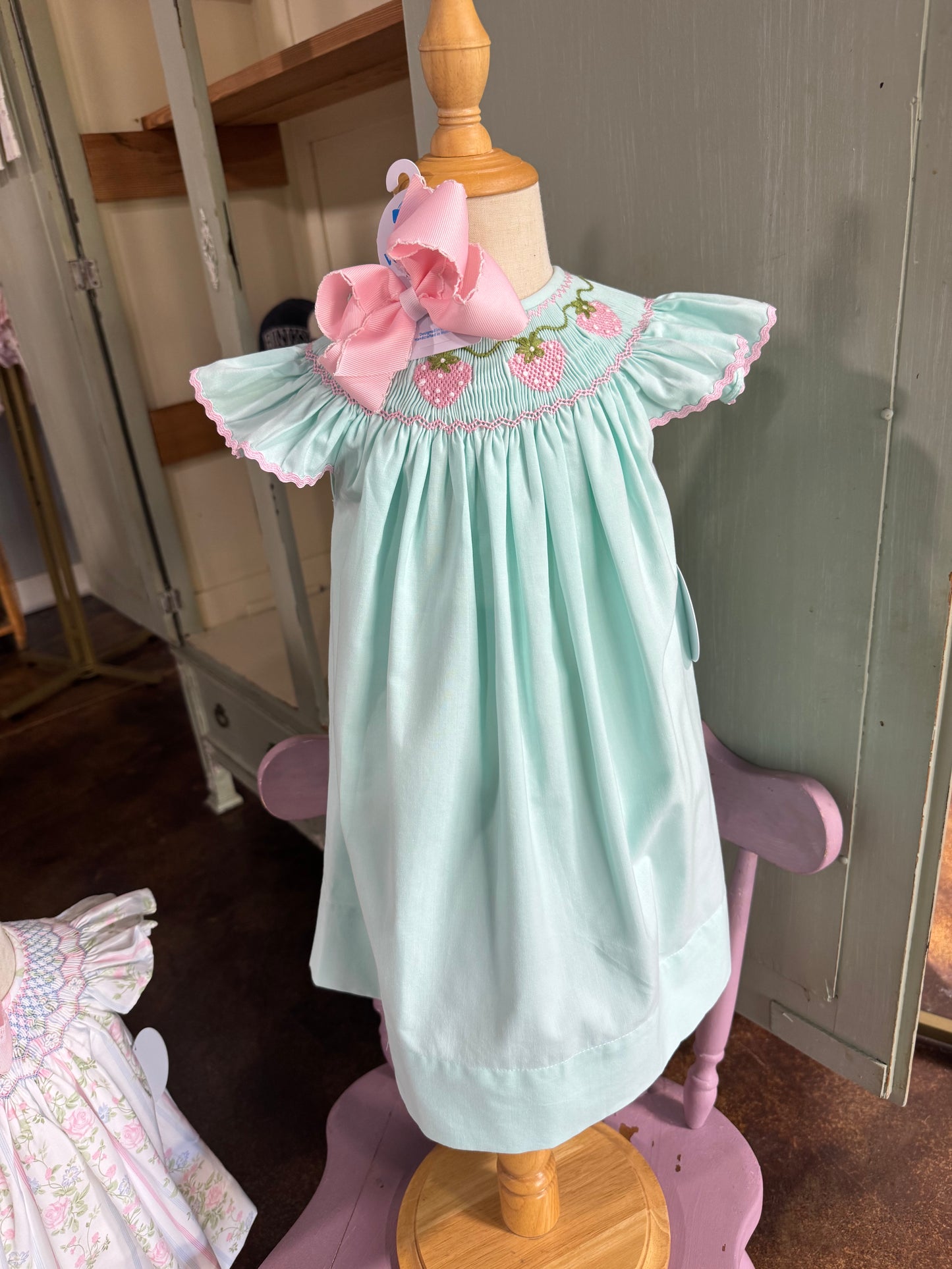 Strawberry Mint Hand Smocked Bubble/Dress