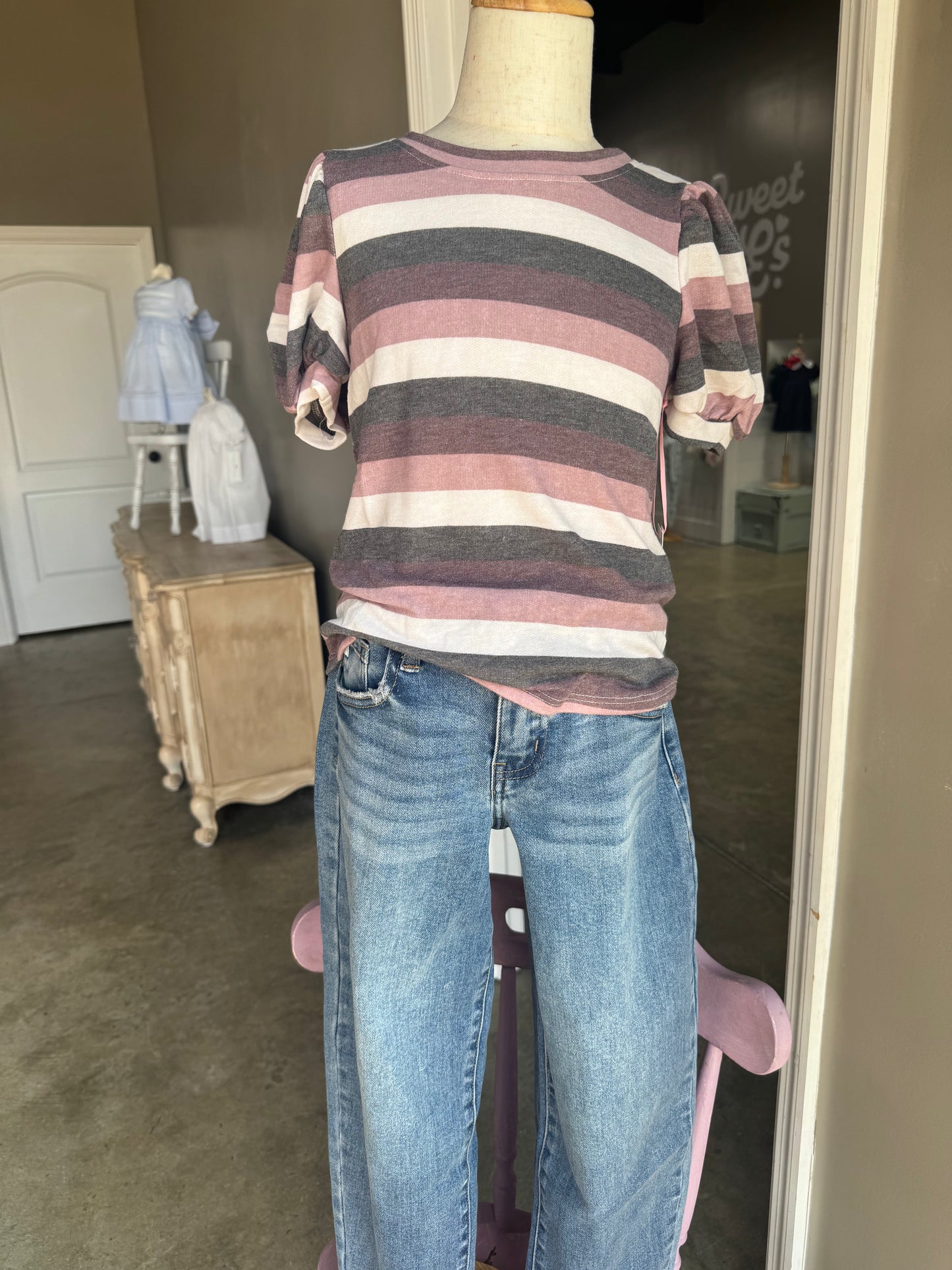 Girls Stripe Terry Puff Sleeve Tee
