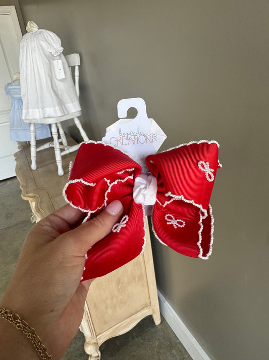 RED-WHITE/ WHITE PEARL BOWS--5.5 XL EMBELLISHED CR