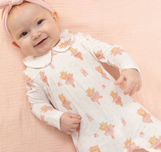 Teddy Bear Ballerina - Smocked Peter Pan Snap Footie