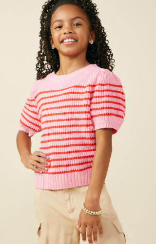 Girls Striped Puff Sleeve Short Sleeve Sweater Knit Top