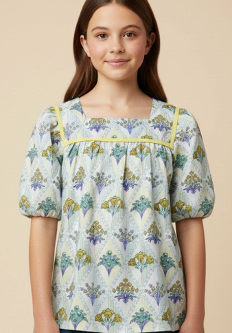 Girls Floral Block Print Contarst Lace Top